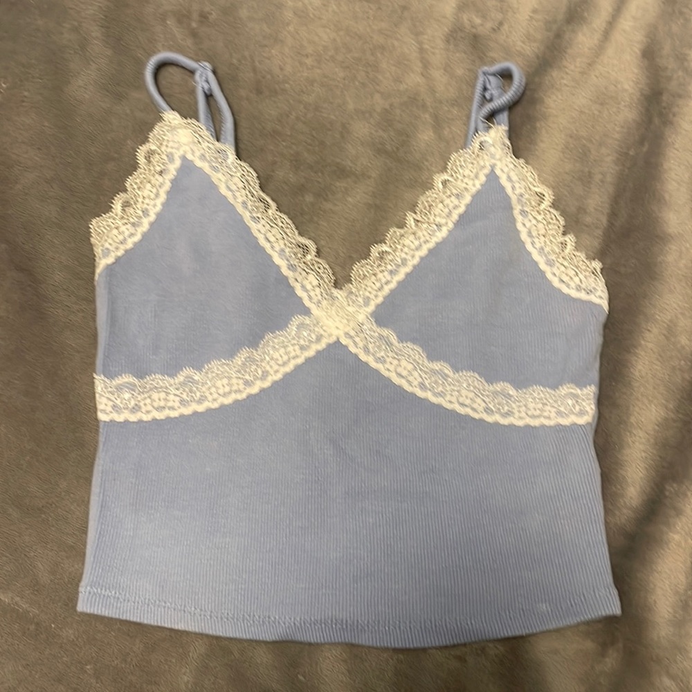 Garage light blue and white lace tank, size small